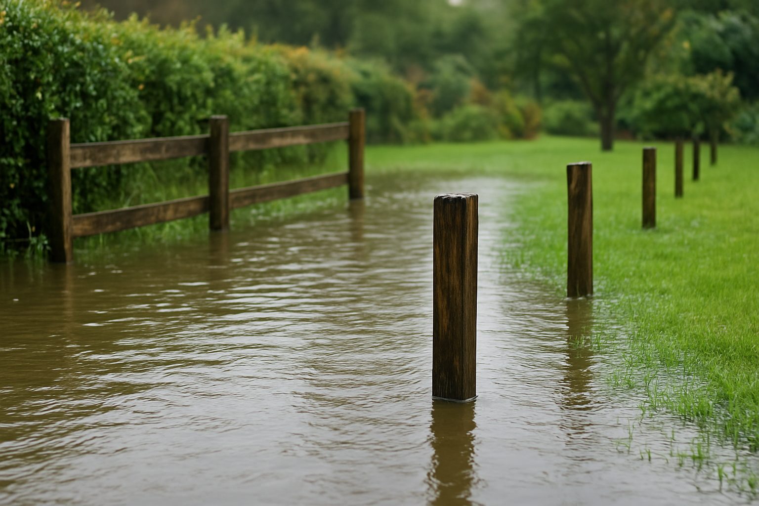 Flooded garden area with wooden posts in water